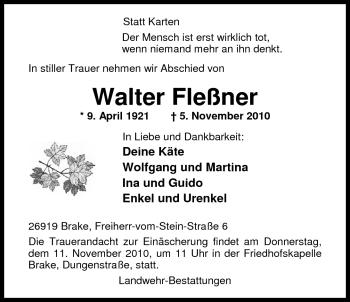 Traueranzeige von Walter Fleßner von Nordwest-Zeitung