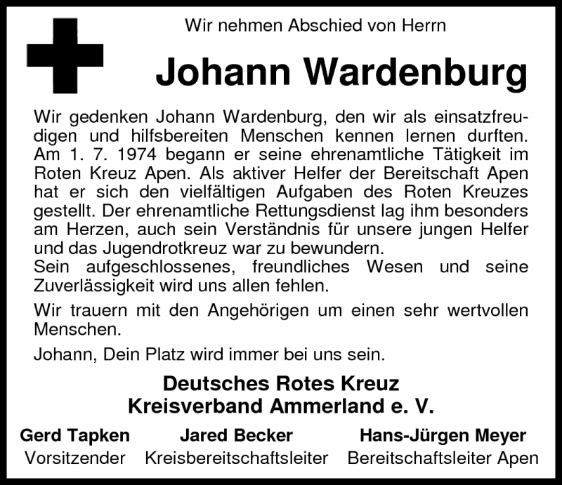  Traueranzeige für Johann Wardenburg vom 09.11.2010 aus Nordwest-Zeitung