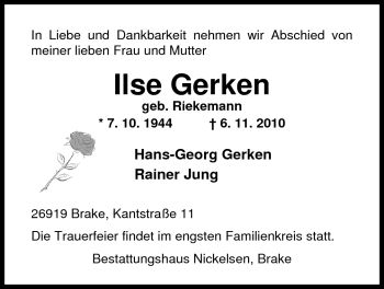 Traueranzeige von Ilse Gerken von Nordwest-Zeitung