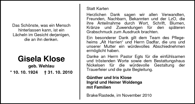  Traueranzeige für Gisela Klose vom 12.11.2010 aus Nordwest Zeitung