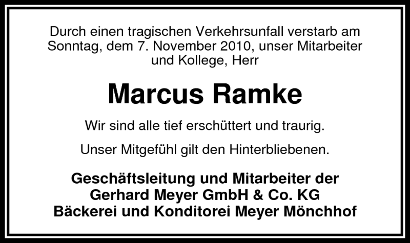  Traueranzeige für Marcus Ramke vom 13.11.2010 aus Nordwest-Zeitung