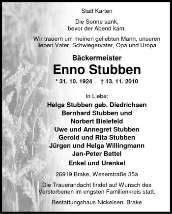 Traueranzeige von Enno Stubben von Nordwest-Zeitung