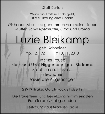 Traueranzeige von Luzie Bleikamp von Nordwest-Zeitung