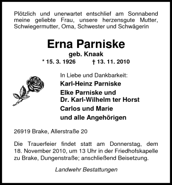 Traueranzeige von Erna Parniske von Nordwest-Zeitung