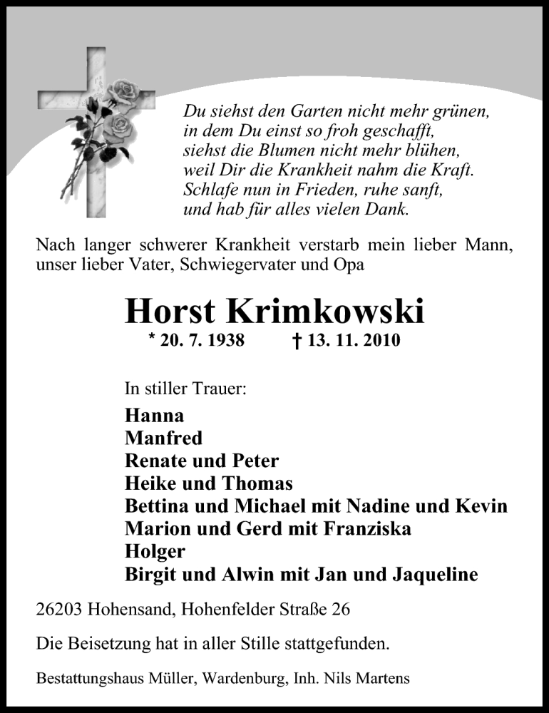  Traueranzeige für Horst Krimkowski vom 19.11.2010 aus Nordwest-Zeitung