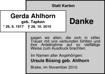 Traueranzeige von Gerda Ahlhorn von Nordwest-Zeitung
