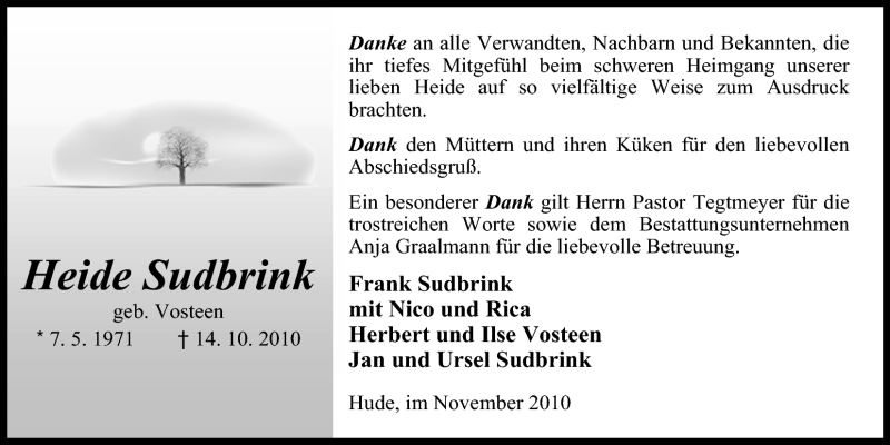  Traueranzeige für Heide Sudbrink vom 20.11.2010 aus Nordwest-Zeitung