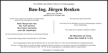 Traueranzeige von Jürgen Renken von Nordwest-Zeitung
