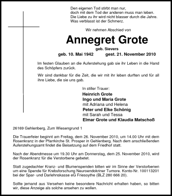 Traueranzeige von Annegret Grote von Nordwest-Zeitung