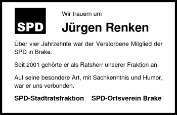 Traueranzeige von Jürgen Renken von Nordwest-Zeitung