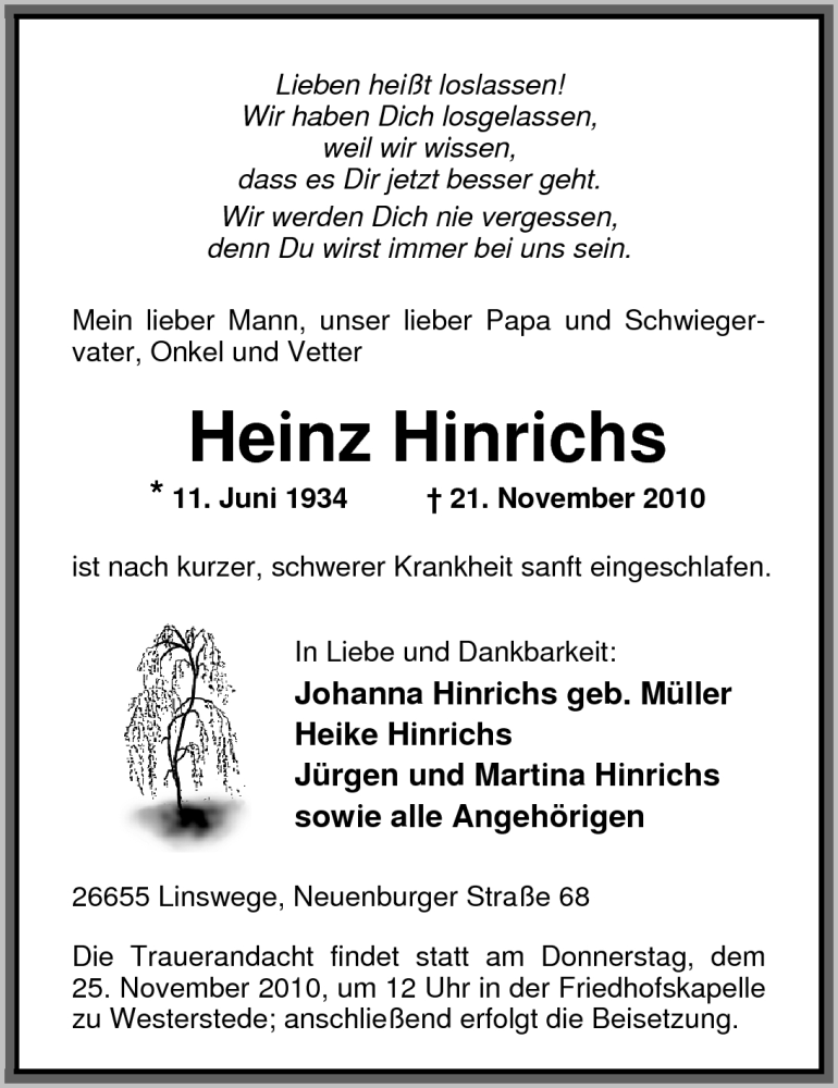  Traueranzeige für Heinz Hinrichs vom 23.11.2010 aus Nordwest-Zeitung