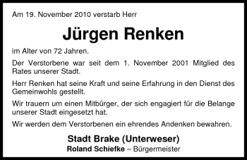 Traueranzeige von Jürgen Renken von Nordwest-Zeitung