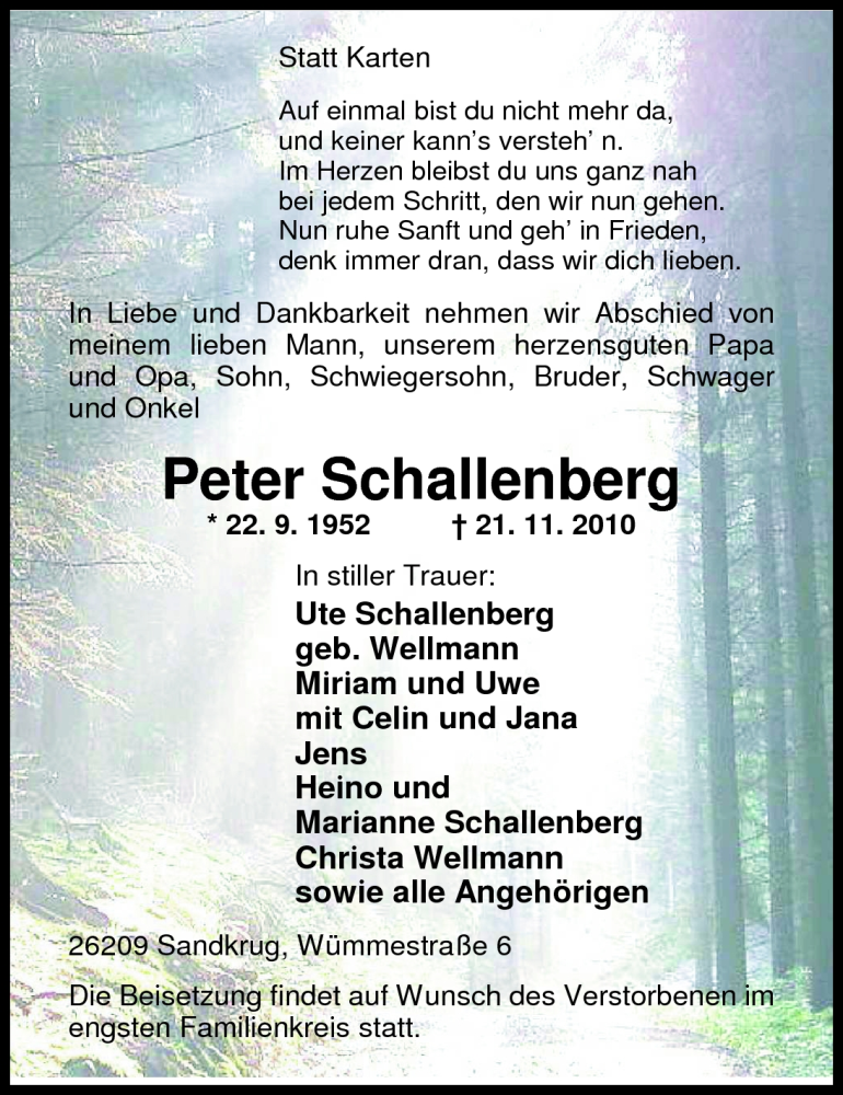  Traueranzeige für Peter Schallenberg vom 23.11.2010 aus Nordwest-Zeitung