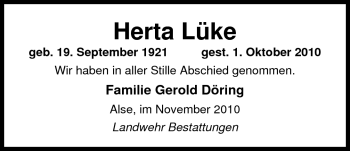 Traueranzeige von Herta Lüke von Nordwest-Zeitung