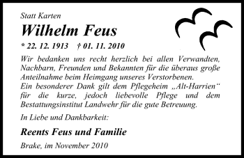 Traueranzeige von Wilhelm Feus von Nordwest-Zeitung