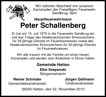 Traueranzeige von Peter Schallenberg von Nordwest-Zeitung