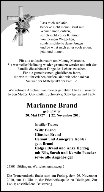 Traueranzeige von Marianne Brand von Nordwest-Zeitung