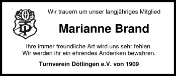 Traueranzeige von Marianne Brand von Nordwest-Zeitung