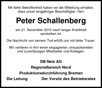 Traueranzeige von Peter Schallenberg von Nordwest-Zeitung