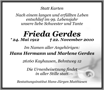 Traueranzeige von Frieda Gerdes von Nordwest-Zeitung