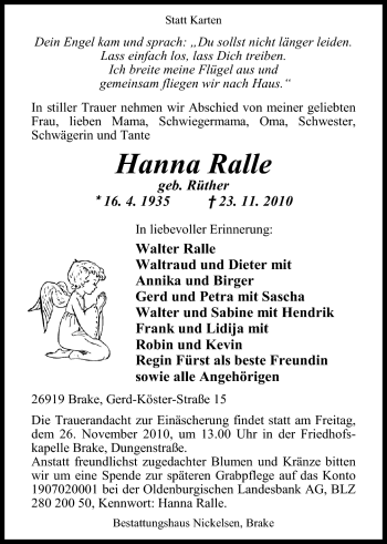 Traueranzeige von Hanna Ralle von Nordwest-Zeitung