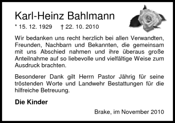 Traueranzeige von Karl-Heinz Bahlmann von Nordwest-Zeitung