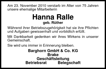 Traueranzeige von Hanna Ralle von Nordwest-Zeitung