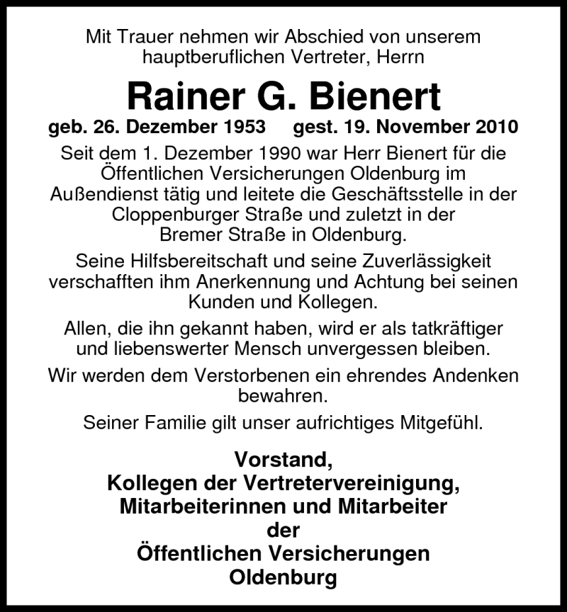  Traueranzeige für Rainer G. Bienert vom 27.11.2010 aus Nordwest-Zeitung