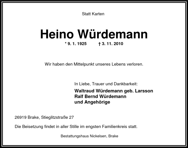  Traueranzeige für Heino Würdemann vom 26.11.2010 aus Nordwest-Zeitung