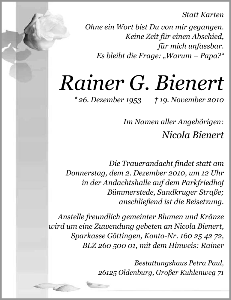  Traueranzeige für Rainer G. Bienert vom 27.11.2010 aus Nordwest-Zeitung