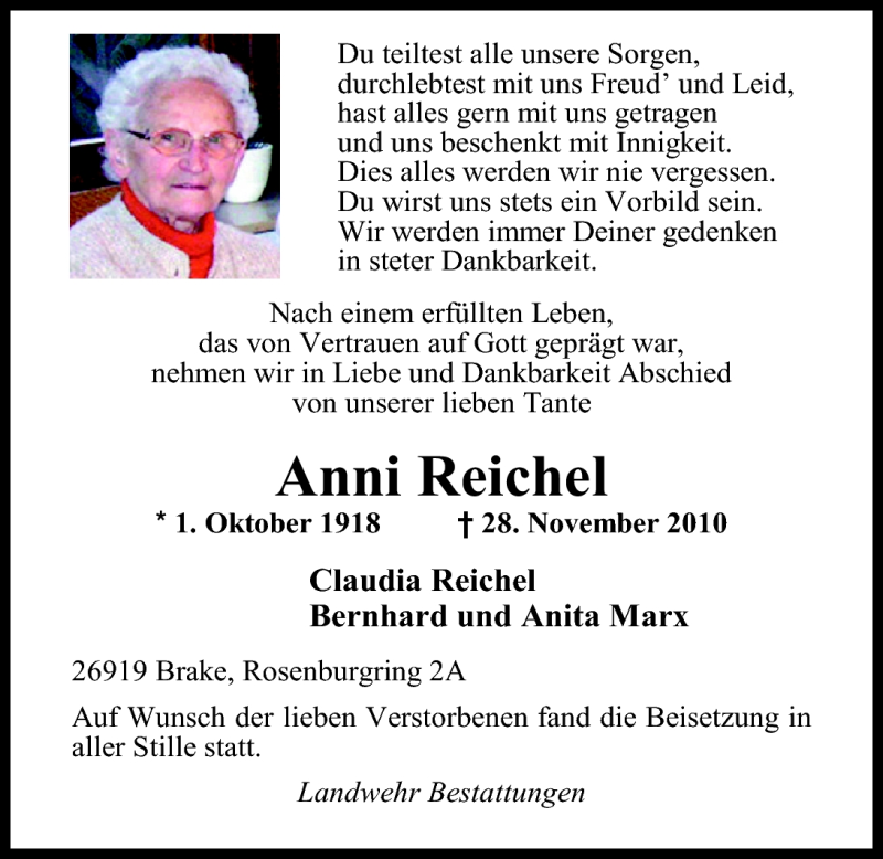  Traueranzeige für Anni Reichel vom 04.12.2010 aus Nordwest-Zeitung