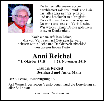 Traueranzeige von Anni Reichel von Nordwest-Zeitung