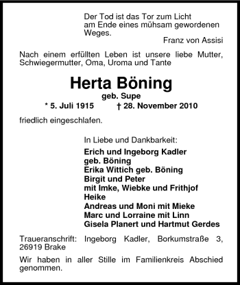 Traueranzeige von Herta Böning von Nordwest-Zeitung