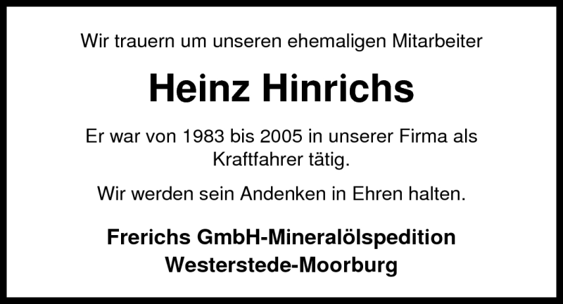  Traueranzeige für Heinz Hinrichs vom 04.12.2010 aus Nordwest-Zeitung