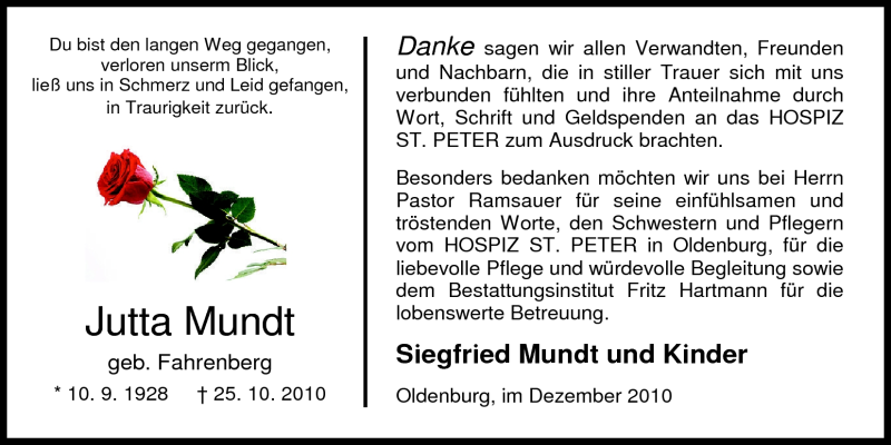  Traueranzeige für Jutta Mundt vom 04.12.2010 aus Nordwest-Zeitung