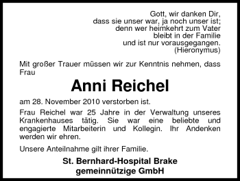 Traueranzeige von Anni Reichel von Nordwest-Zeitung