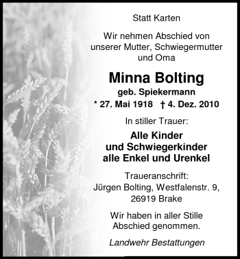 Traueranzeige von Minna Bolting von Nordwest-Zeitung