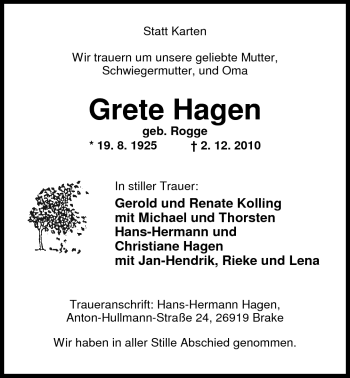 Traueranzeige von Grete Hagen von Nordwest-Zeitung