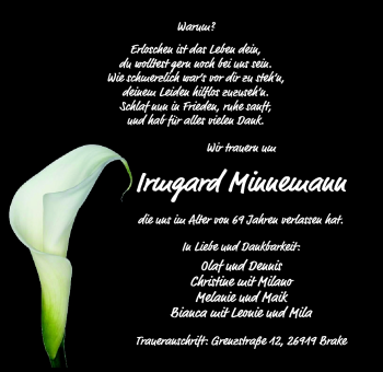 Traueranzeige von Irmgard Minnemann von Nordwest-Zeitung