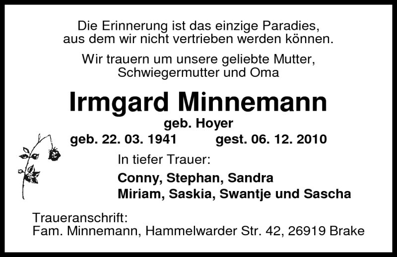  Traueranzeige für Irmgard Minnemann vom 09.12.2010 aus Nordwest-Zeitung