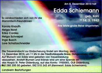 Traueranzeige von Edda Schiemann von Nordwest-Zeitung