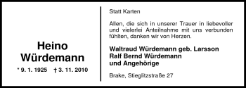 Traueranzeige von Heino Würdemann von Nordwest-Zeitung