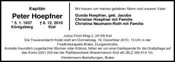 Traueranzeige von Peter Hoepfner von Nordwest-Zeitung