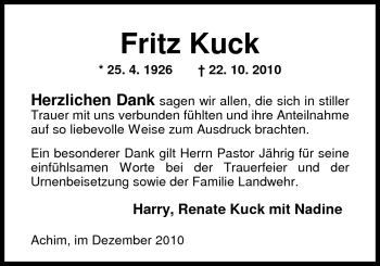 Traueranzeige von Fritz Kuck von Nordwest-Zeitung