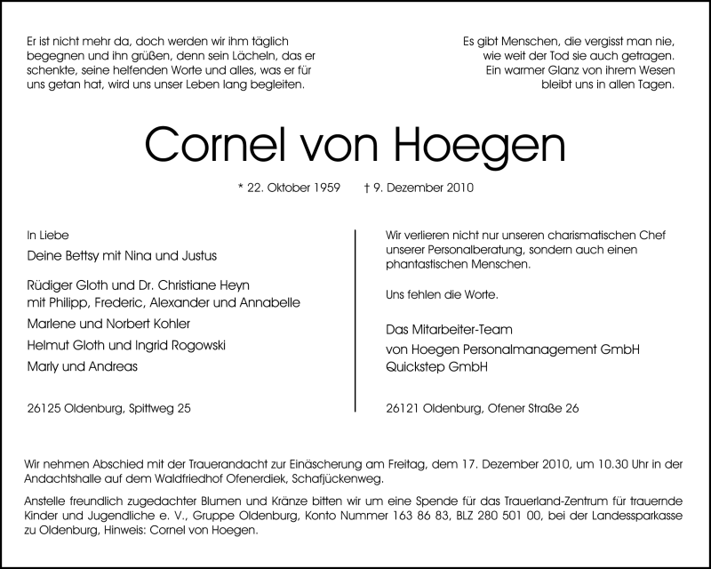  Traueranzeige für Cornel von Hoegen vom 14.12.2010 aus Nordwest-Zeitung