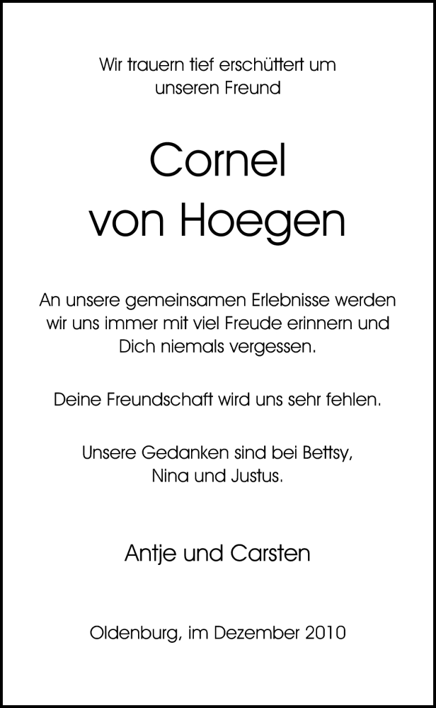  Traueranzeige für Cornel von Hoegen vom 14.12.2010 aus Nordwest-Zeitung