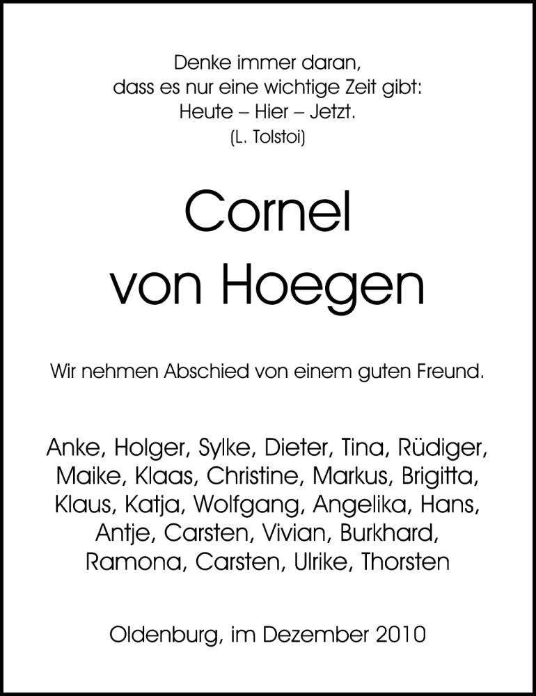  Traueranzeige für Cornel von Hoegen vom 14.12.2010 aus Nordwest-Zeitung
