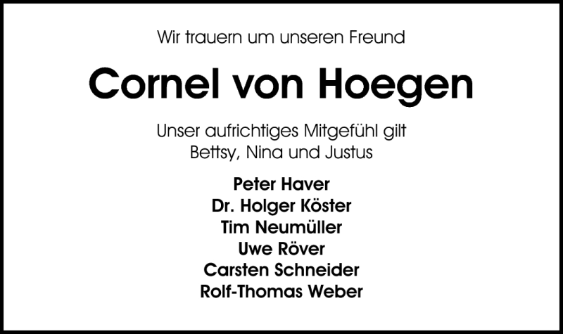  Traueranzeige für Cornel von Hoegen vom 14.12.2010 aus Nordwest-Zeitung