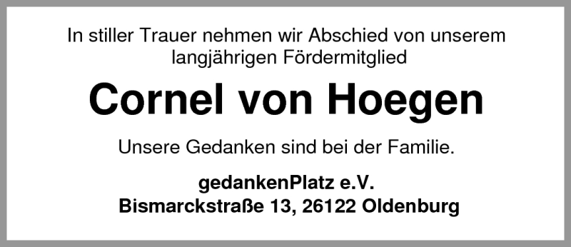  Traueranzeige für Cornel von Hoegen vom 15.12.2010 aus Nordwest-Zeitung
