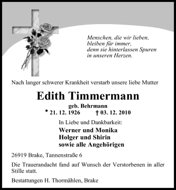 Traueranzeige von Edith Timmermann von Nordwest-Zeitung